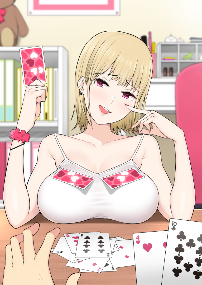 1girl :d bangs blonde_hair bookshelf breast_rest breasts card earrings eyebrows_visible_through_hair highres indoors jewelry looking_at_viewer medium_hair nori_gorou open_mouth original playing_card pov smile tank_top teeth violet_eyes wristband