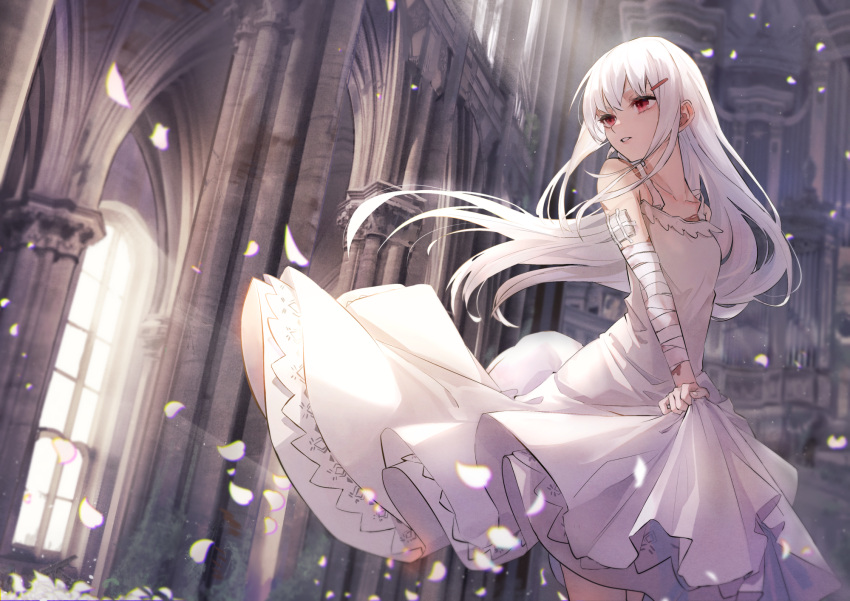 1girl albino bandaged_arm bandages bangs bare_shoulders church collarbone commentary_request dress eisuto hair_ornament hairclip highres indoors light_rays long_hair looking_away looking_to_the_side original parted_lips petals red_eyes silver_hair skirt_hold sleeveless sleeveless_dress solo standing sunbeam sunlight very_long_hair white_dress window