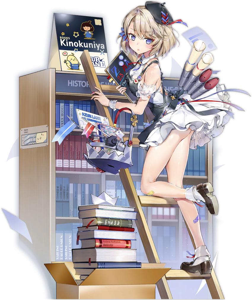 1girl azur_lane bangs bare_shoulders basket beret blonde_hair blue_eyes blush book bookshelf bow breasts eyebrows_visible_through_hair hair_between_eyes hair_bow hair_ornament hat highres iron_cross kaede_(003591163) ladder manjuu_(azur_lane) official_art overalls parted_lips ribbon short_hair skirt transparent_background z23_(azur_lane) z23_(the_eyecatch_in_the_rye)_(azur_lane)