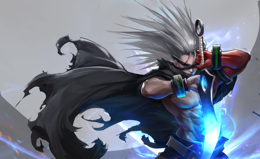 1boy abs absurdres belt black_cloak cloak closed_eyes dungeon_and_fighter flute_(artist) grey_hair highres holding holding_sword holding_weapon long_hair male_focus muscle nipples solo sword torn_cloak torn_clothes weapon