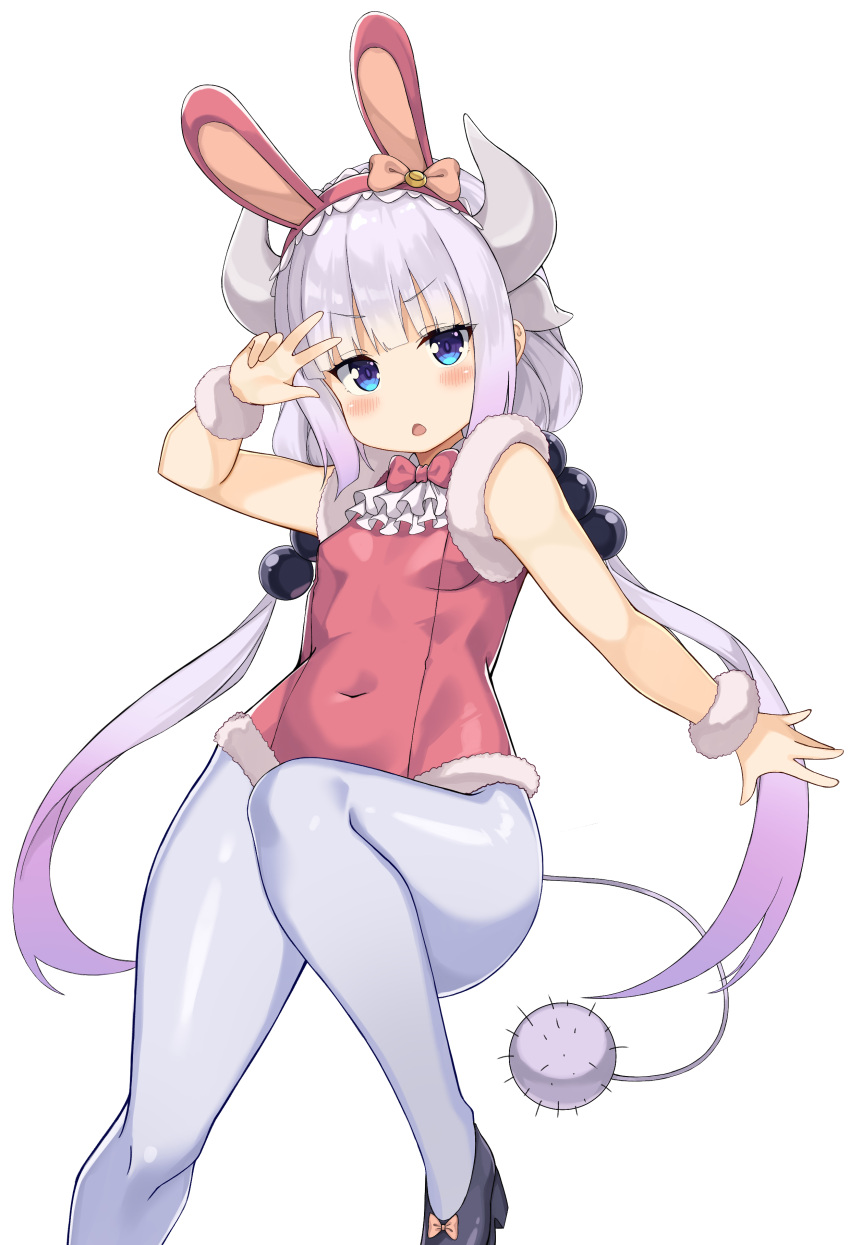 1girl absurdres animal_ears arm_up bare_shoulders blue_eyes bunnysuit commission covered_navel dragon_horns fake_animal_ears fur_trim gradient_hair hair_ornament hairband highres horns kanna_kamui kobayashi-san_chi_no_maidragon leotard long_hair looking_at_viewer low_twintails multicolored_hair open_mouth pantyhose pink_leotard rabbit_ears ryan_edian shoes silver_hair simple_background solo tail twintails v-shaped_eyebrows very_long_hair w white_background white_legwear