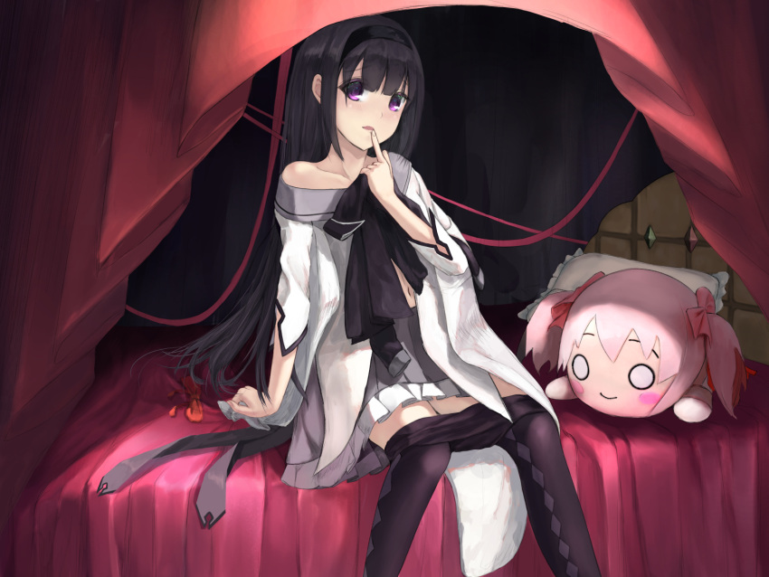 1girl akemi_homura bangs bed black_hair black_hairband black_legwear character_doll collarbone eps3rd finger_to_mouth grey_skirt hairband index_finger_raised kaname_madoka layered_skirt long_hair long_sleeves looking_at_viewer mahou_shoujo_madoka_magica midriff miniskirt navel off_shoulder on_bed open_mouth pantyhose pantyhose_pull pillow pleated_skirt sitting sitting_on_bed skirt solo stomach straight_hair very_long_hair violet_eyes