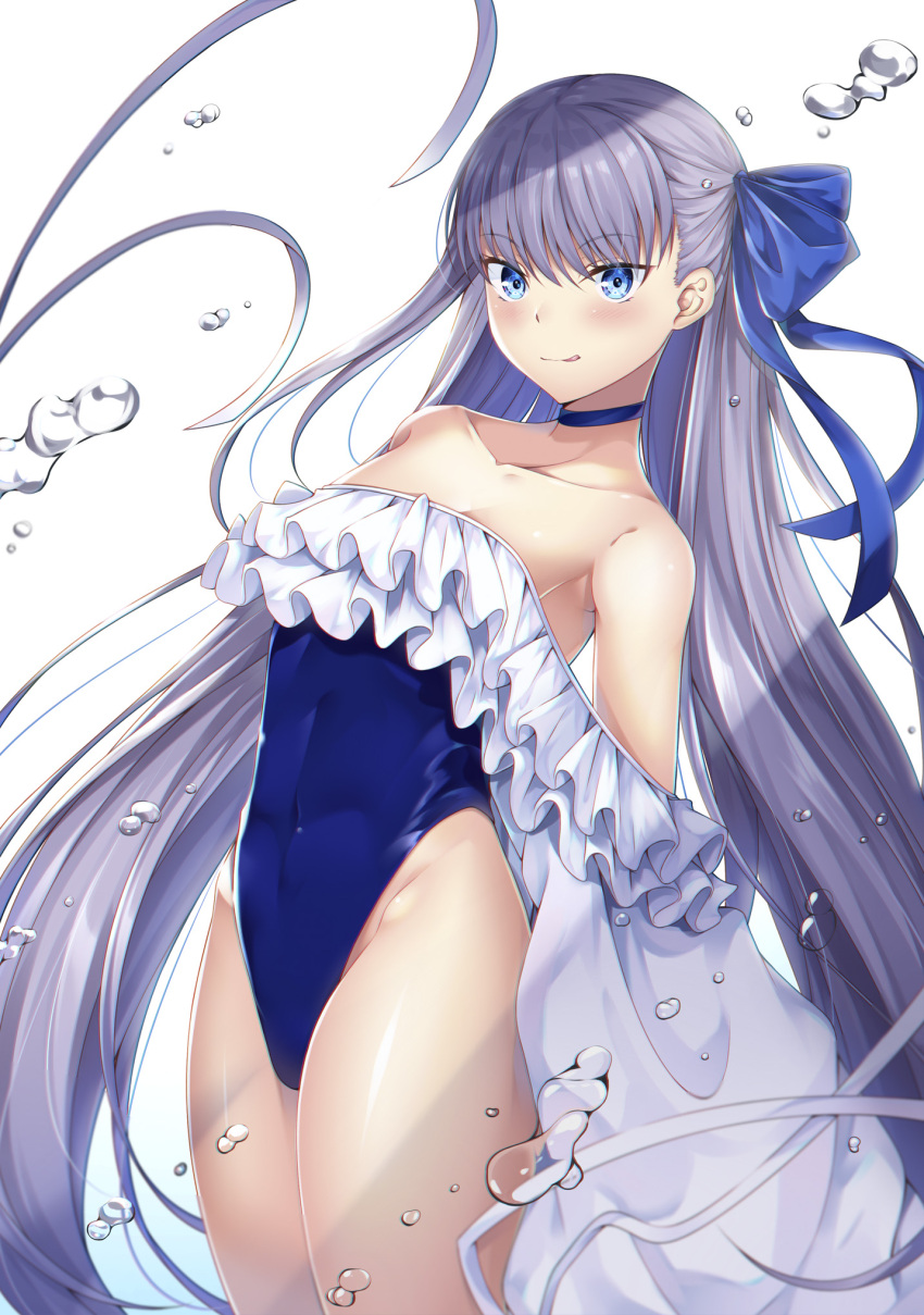1girl bangs bare_shoulders blue_choker blue_ribbon blue_swimsuit blush breasts choker closed_mouth collarbone covered_navel fate/grand_order fate_(series) frills highleg highleg_swimsuit highres kotohane licking_lips long_hair looking_at_viewer meltryllis meltryllis_(swimsuit_lancer)_(fate) puffy_sleeves purple_hair ribbon simple_background sleeves_past_fingers sleeves_past_wrists small_breasts smile solo swimsuit thighs tongue tongue_out water_drop white_background white_ribbon