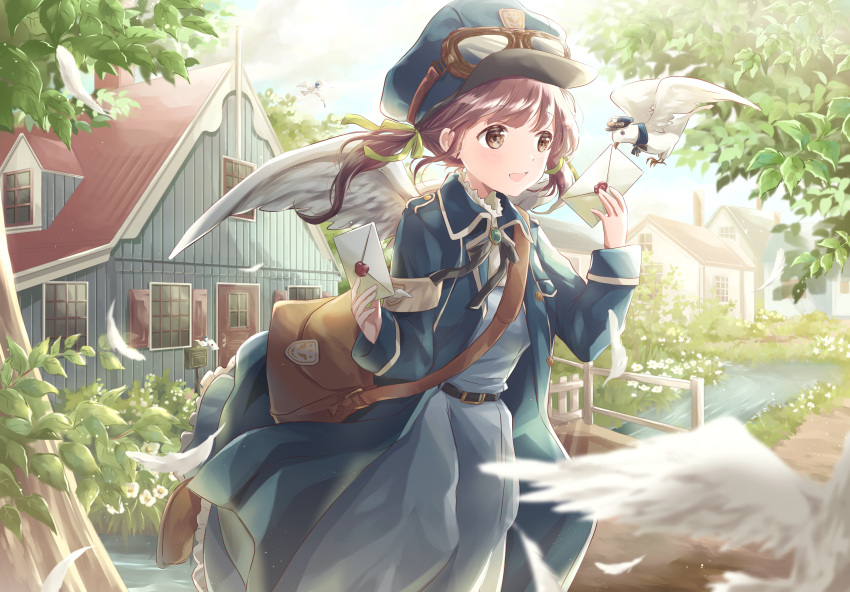 1girl angel angel_wings armband bag bangs belt bird blue_dress blue_headwear blue_jacket blurry blurry_foreground bridge brown_eyes brown_hair commentary_request cowboy_shot daisy day depth_of_field dress feathered_wings feathers flower goggles goggles_on_headwear hair_blowing highres hoshiibara_mato house jacket leg_lift looking_to_the_side love_letter mailman open_clothes open_jacket open_mouth original outdoors pigeon satchel solo standing standing_on_one_leg stream tree twintails wind wind_lift wings