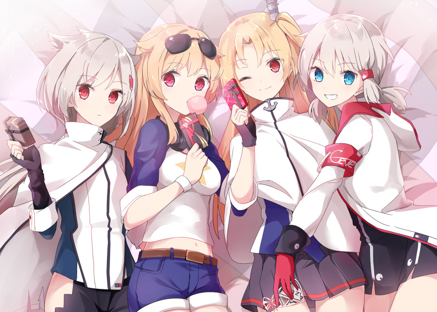 4girls aa_(sin2324) azur_lane bed_sheet black_dress black_gloves black_pants black_skirt blonde_hair blue_eyes blue_shirt blue_shorts blush box breasts bubble_blowing cape chewing_gum cleveland_(azur_lane) cloak columbia_(azur_lane) commentary_request denver_(azur_lane) dress eyewear_on_head fingerless_gloves gift gift_box gloves grey_hair grin headphones headphones_around_neck holding holding_gift hood hood_down hooded_jacket jacket long_hair long_sleeves looking_at_viewer lying medium_breasts midriff montpelier_(azur_lane) multiple_girls navel on_back on_side one_side_up open_clothes open_jacket pants pleated_skirt red_eyes red_gloves shirt short_shorts short_sleeves shorts skirt smile star sunglasses valentine very_long_hair white_cape white_cloak white_jacket white_shirt