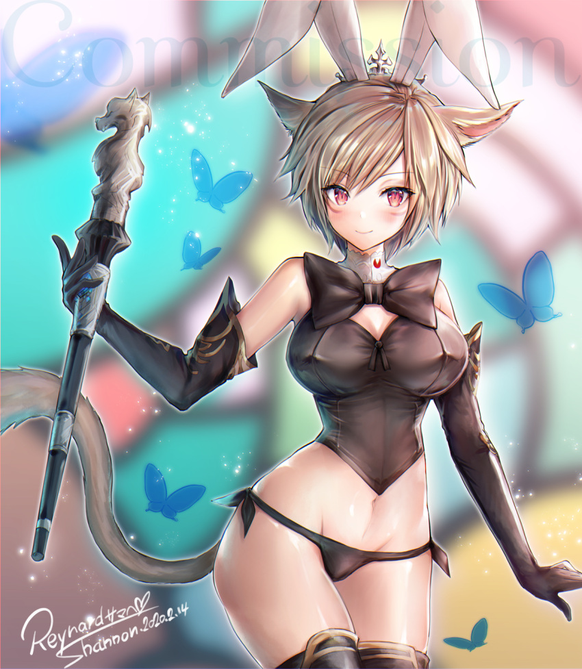 1girl animal_ears bangs black_panties blonde_hair blurry blurry_background blush bow breasts bug bunnysuit butterfly cat_ears cat_tail commission cowboy_shot dated elbow_gloves extra_ears eyebrows_visible_through_hair facial_mark final_fantasy final_fantasy_xiv gloves highres holding holding_staff insect large_breasts leotard looking_at_viewer midriff mii@chiffonx miqo'te navel panties rabbit_ears red_eyes signature smile solo staff tail thigh-highs underwear