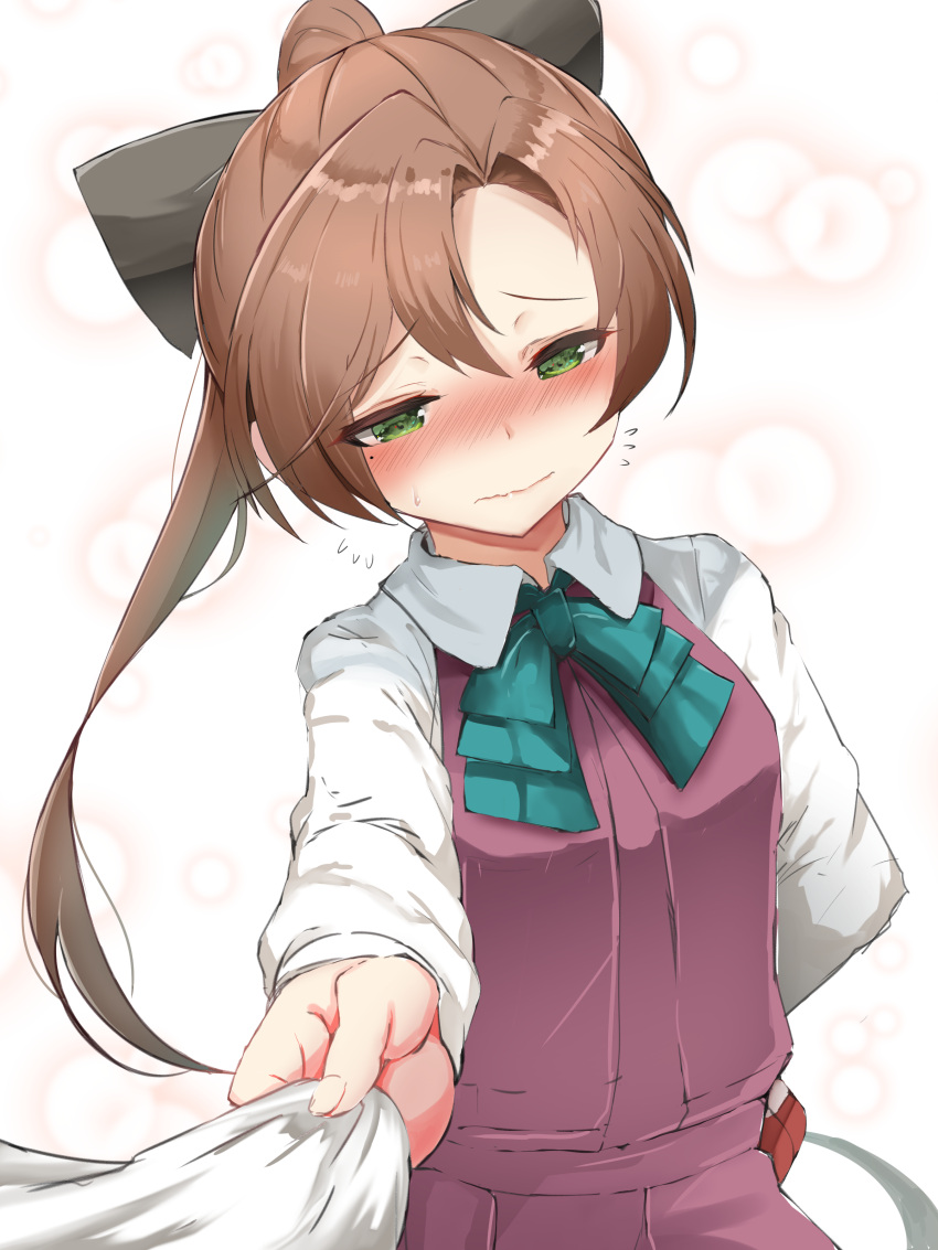 1girl 51_(akiduki) absurdres akigumo_(kantai_collection) blouse blue_eyes blush bow breasts brown_hair closed_mouth dress eyebrows_visible_through_hair green_eyes hair_between_eyes hair_ornament hair_ribbon highres kantai_collection long_hair long_sleeves looking_at_viewer ponytail ribbon school_uniform shirt simple_background sleeveless sleeveless_dress valentine very_long_hair white_background white_blouse