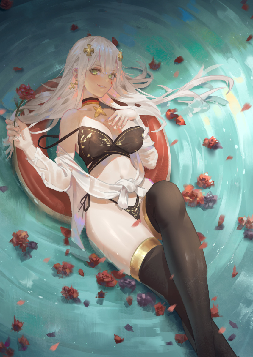 1girl absurdres bangs bikini black_bikini black_legwear choker cirilla crossed_arms earrings facial_mark flower girls_frontline green_eyes hair_ornament highres hk416_(girls_frontline) innertube jewelry long_hair looking_at_viewer navel petals rose silver_hair solo strap_slip swimsuit thigh-highs very_long_hair