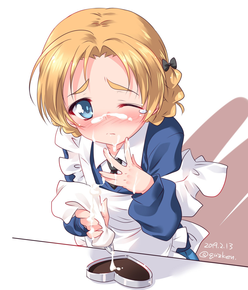 1girl apron artist_name blonde_hair blue_eyes blush bow braid cake closed_mouth cream cream_on_face dated eyebrows_visible_through_hair food food_on_face girls_und_panzer hair_bow hair_ornament highres kuzuryuu_kennosuke looking_at_viewer maid maid_apron one_eye_closed orange_pekoe_(girls_und_panzer) sexually_suggestive shiny shiny_hair short_hair simple_background solo standing white_background