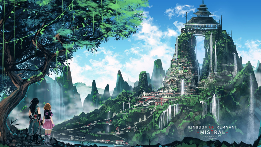 1boy 1girl anonamos architecture black_hair blue_sky boots clouds east_asian_architecture fingerless_gloves gloves highres holding_hands knee_boots lie_ren long_hair mountain nora_valkyrie pink_gloves pink_skirt rwby skirt sky tree water waterfall