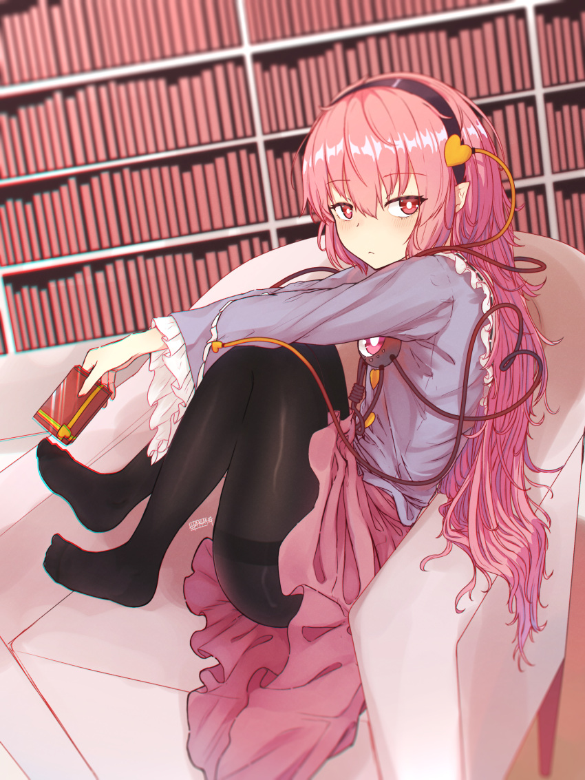 1girl :&lt; absurdres alternate_hair_length alternate_hairstyle black_hairband black_legwear blue_shirt book bookshelf box bright_pupils commentary_request couch gift gift_box hairband heart highres holding holding_gift indoors komeiji_satori long_hair long_sleeves looking_at_viewer pantyhose pink_hair pink_skirt pointy_ears red_eyes senzaicha_kasukadoki shirt sitting skirt solo thighband_pantyhose third_eye touhou wide_sleeves