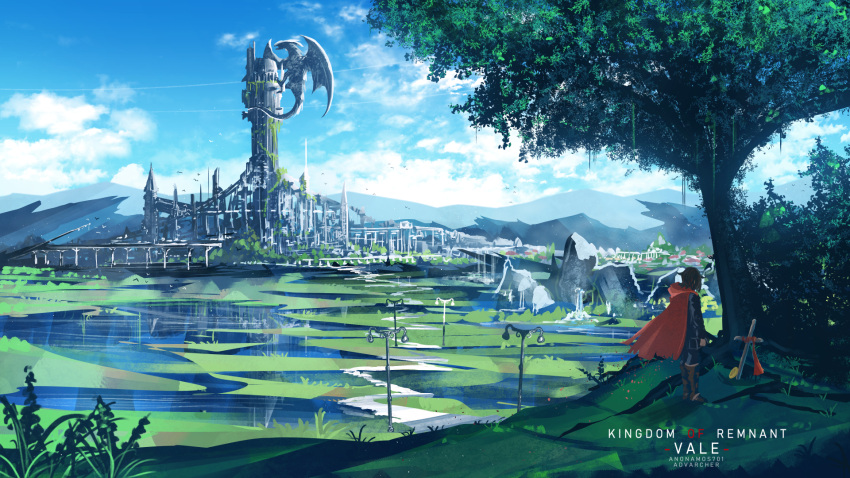 1girl anonamos blue_sky boots cape city clouds cross crossed_arms dragon highres knee_boots ruby_rose rwby scenery sky solo torn_clothes tree water