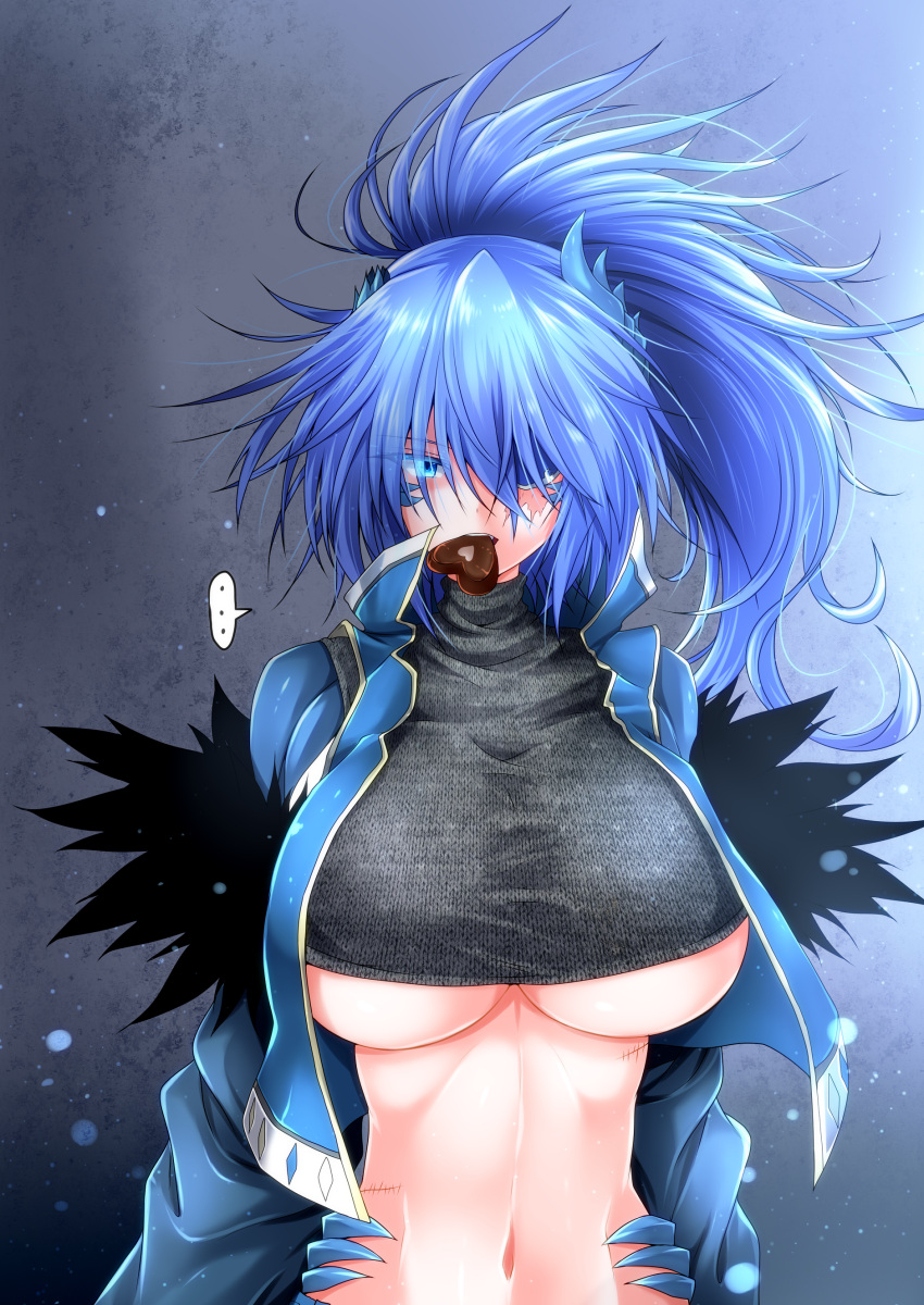 ... 1girl absurdres bangs blue_eyes blue_hair blue_jacket blue_pants breasts candy chocolate chocolate_heart commentary_request cropped_jacket cropped_sweater dragon_girl dragon_horns eyebrows_visible_through_hair eyepatch food food_in_mouth g_(desukingu) grey_sweater hair_between_eyes heart high_ponytail highres horns jacket large_breasts long_hair long_sleeves looking_at_viewer midriff monster_girl navel open_clothes open_jacket original pants scar scar_across_eye sidelocks snowing solo spoken_ellipsis standing sweater taut_sweater turtleneck turtleneck_sweater under_boob unmoving_pattern upper_body wall