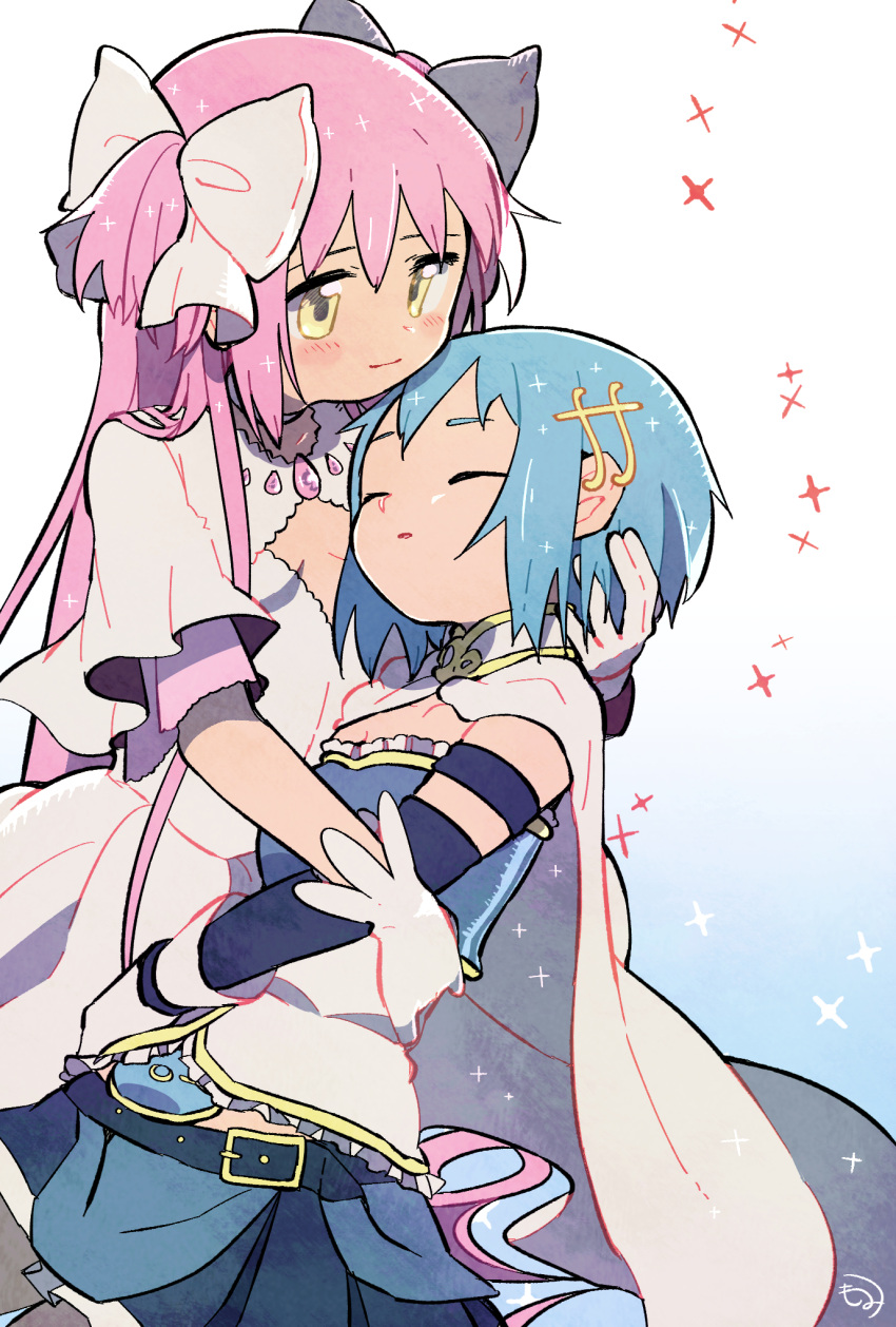 2girls aqua_background belt blue_hair blue_skirt blush breasts cape detached_sleeves dress expressionless fortissimo fortissimo_hair_ornament gloves goddess_madoka gradient gradient_background hair_ornament hair_ribbon hairclip hand_on_another's_head hand_on_another's_waist highres holding kaname_madoka kirikuchi_riku light_smile long_hair looking_at_another looking_down mahou_shoujo_madoka_magica medium_breasts miki_sayaka multiple_girls parted_lips pleated_skirt ribbon short_hair simple_background skirt soul_gem sparkle sparkle_background strapless two_side_up very_long_hair white_background white_cape white_dress white_gloves white_ribbon wide_sleeves yellow_eyes
