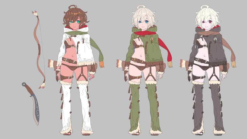 1girl absurdres ahoge armor arrow bikini_armor black_pants bow_(weapon) breasts brown_hair closed_mouth dark_skin detached_pants green_eyes green_pants grey_background grey_hair highres leg_strap looking_at_viewer medium_breasts multiple_views nagisa_kurousagi navel original pale_skin pants pointy_ears quiver short_hair simple_background standing sword variations violet_eyes weapon white_hair white_pants