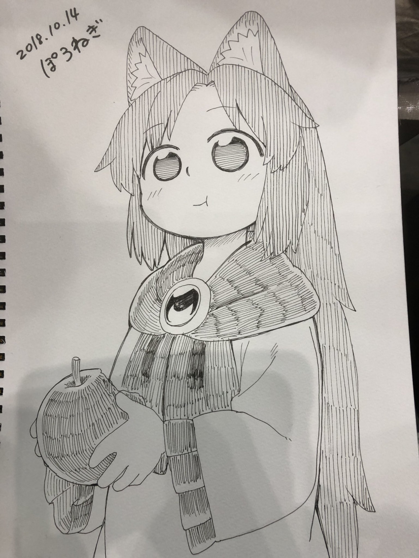 :t animal_ear_fluff animal_ears apple bangs dated dress eating eyebrows_visible_through_hair food fruit gem greyscale highres holding holding_food holding_fruit imaizumi_kagerou long_sleeves looking_at_viewer marker_(medium) monochrome photo poronegi scarf signature smile touhou traditional_media wolf_ears younger