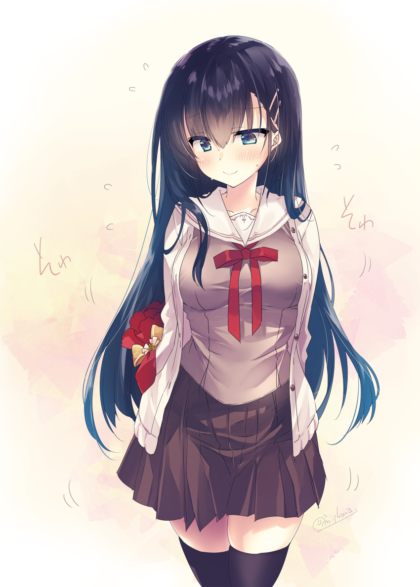 1girl absurdres arms_behind_back black_hair black_legwear blue_eyes blush bow breasts brown_shirt brown_skirt closed_mouth commentary_request flying_sweatdrops gift hair_ornament hairclip highres jacket long_hair medium_breasts open_clothes open_jacket original pleated_skirt red_bow sailor_collar school_uniform serafuku shirt shouna_mitsuishi signature skindentation skirt smile solo sweat thigh-highs valentine very_long_hair white_jacket white_sailor_collar