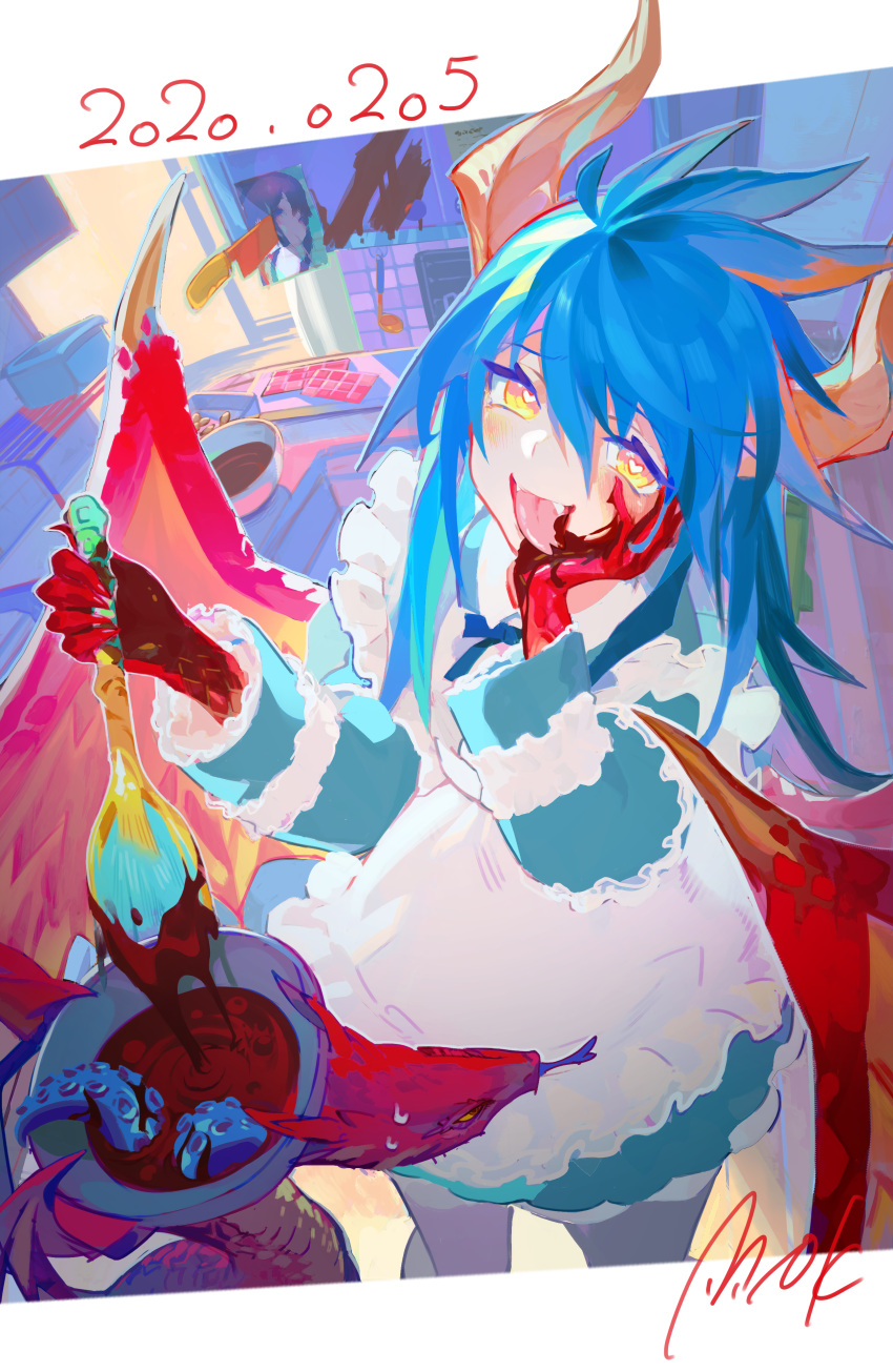 1girl absurdres ahoge blue_hair blue_ribbon blue_tongue blush bowl cooking dated dragon dragon_girl dragon_horns dragon_wings eyebrows_visible_through_hair fang food frills hair_between_eyes heart heart-shaped_pupils highres holding horns indoors kitchen knife ladle light_blush liquid long_hair maid maid_dress open_mouth original photo_(object) ribbon sachimaa signature smile stabbed standing sweat symbol-shaped_pupils tentacles tongue tongue_out window wings yellow_eyes