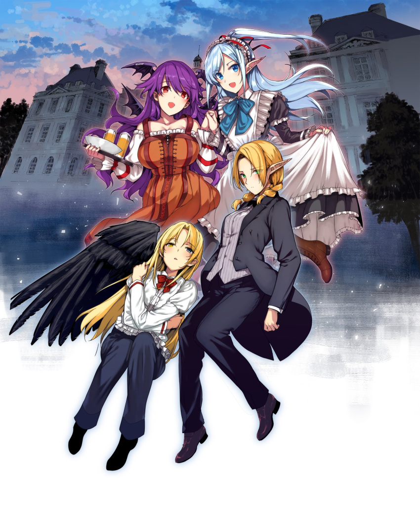 4girls :d alternate_costume apron bangs bare_shoulders black_jacket black_pants black_suit black_wings blonde_hair blue_bow blue_eyes blue_hair blush boots bow bowtie braid breasts character_request collarbone collared_shirt cup demon_wings dress drinking_glass enmaided evening eyebrows_visible_through_hair eyes_visible_through_hair feathered_wings forehead formal frilled_apron frilled_dress frilled_shirt frilled_sleeves frills full_body green_eyes half_updo head_wings heterochromia highres himajin_maou_no_sugata_de_isekai_e holding holding_hand holding_tray jacket juliet_sleeves katsurai_yoshiaki large_breasts long_dress long_hair long_sleeves looking_at_viewer low_twintails maid maid_apron maid_headdress mansion medium_breasts multiple_girls neck_ribbon novel_illustration off-shoulder_dress off_shoulder official_art open_clothes open_jacket open_mouth orange_dress pant_suit pants parted_bangs parted_lips pointy_ears puffy_sleeves purple_hair red_bow red_eyes reverse_trap ribbon ryue_(himajin_maou_no_sugata_de_isekai_e) self_hug shirt sidelocks single_wing skirt_hold smile suit swept_bangs tray tree twin_braids twintails wavy_hair white_shirt wings yellow_eyes