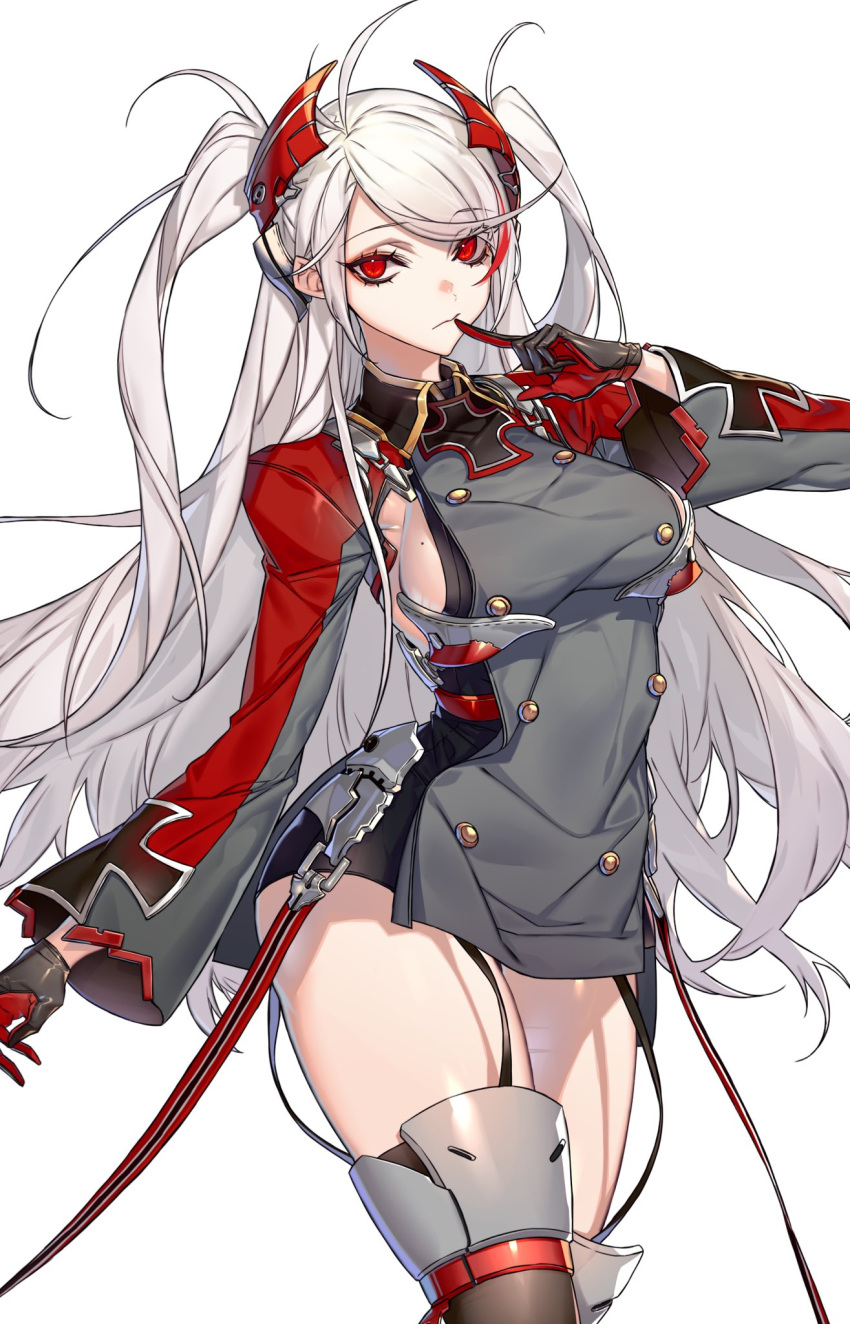 1girl azur_lane breasts double-breasted finger_to_mouth garter_straps gloves grey_hair hachizowo highres long_hair looking_at_viewer medium_breasts mole mole_on_breast multicolored_hair prinz_eugen_(azur_lane) solo streaked_hair thigh-highs thighs twintails white_background