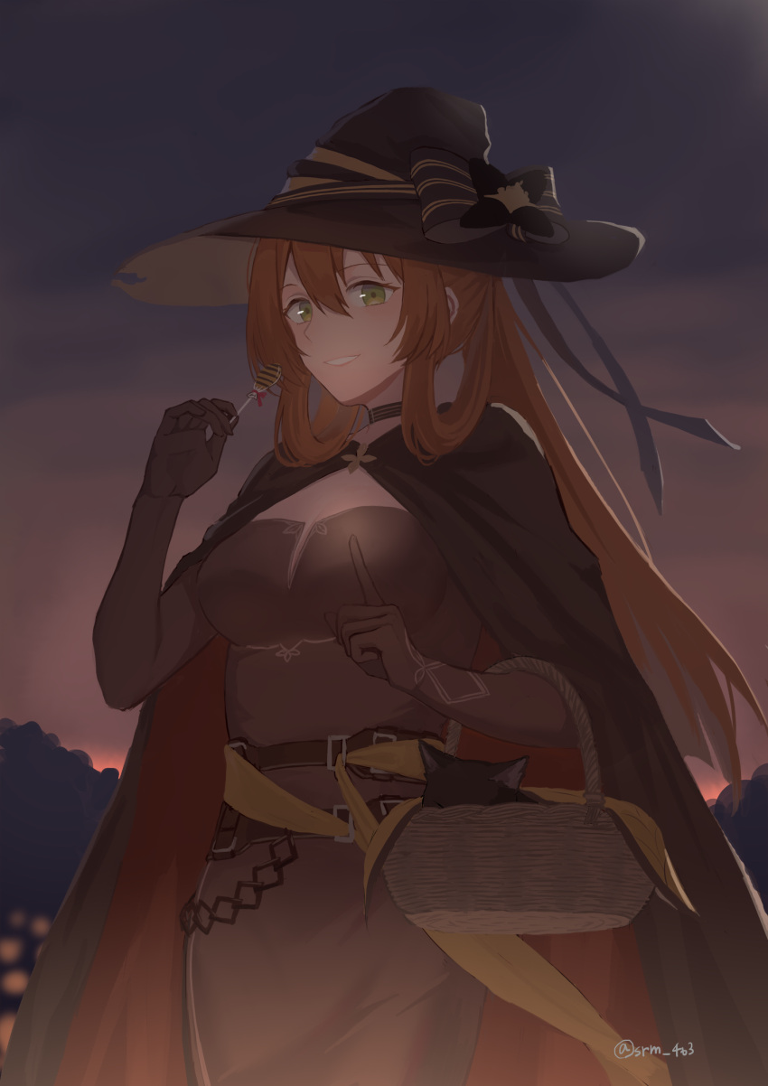 basket black_cape black_cat brown_hair candy cape cat choker elbow_gloves food from_behind girls_frontline gloves green_eyes hair_between_eyes halloween hat hat_ribbon highres lollipop long_hair m1903_springfield_(girls_frontline) ribbon smile srm463 twitter_username witch_costume witch_hat