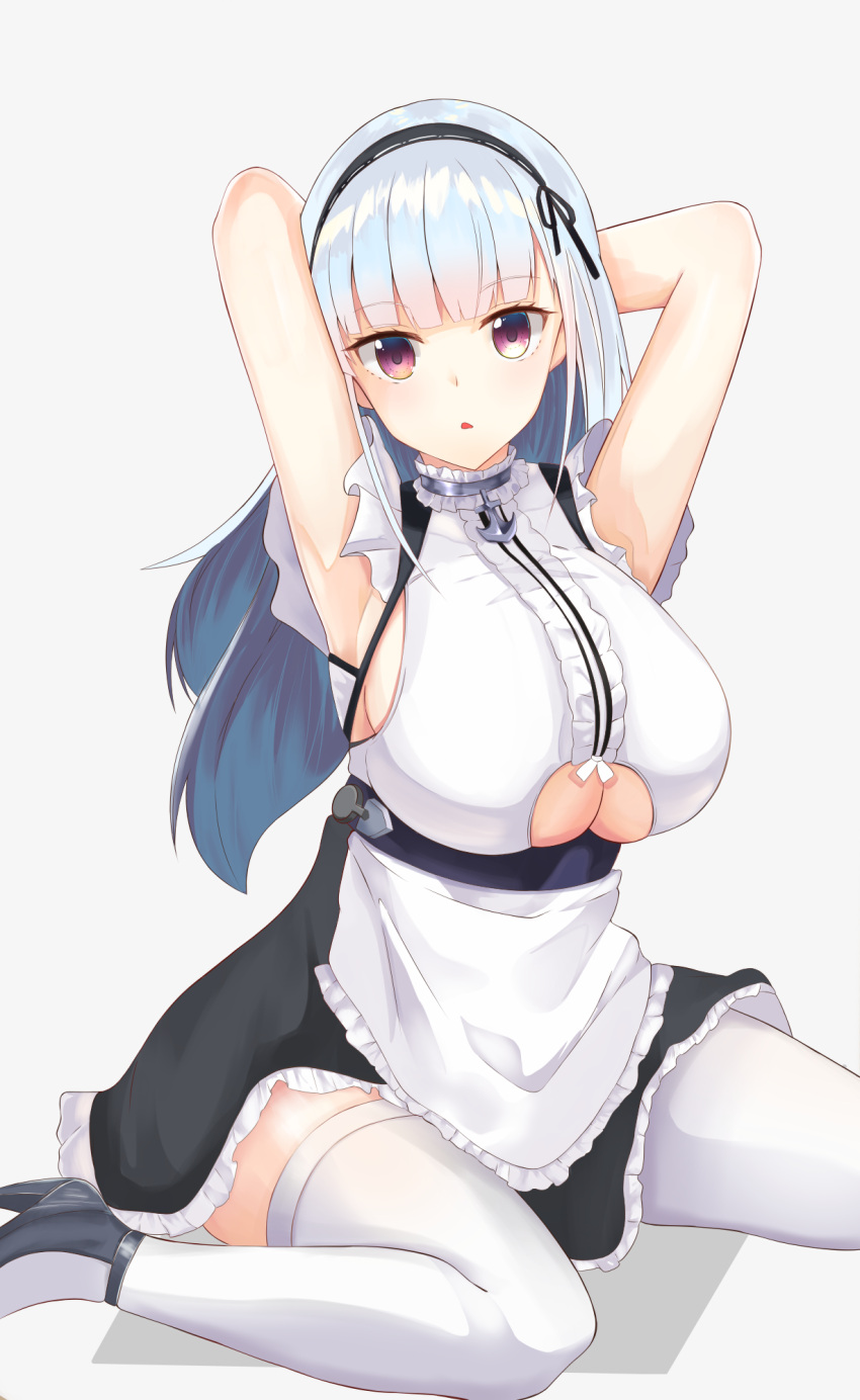 1girl anchor_choker anchor_necklace apron armpits azur_lane black_hairband breasts center_frills choker dido_(azur_lane) earrings frilled_apron frilled_choker frills hairband heart heart_earrings highres jewelry lace-trimmed_hairband looking_at_viewer shirt silver_hair sleeveless sleeveless_shirt solo thigh-highs under_boob underboob_cutout violet_eyes waist_apron white_apron white_background white_legwear