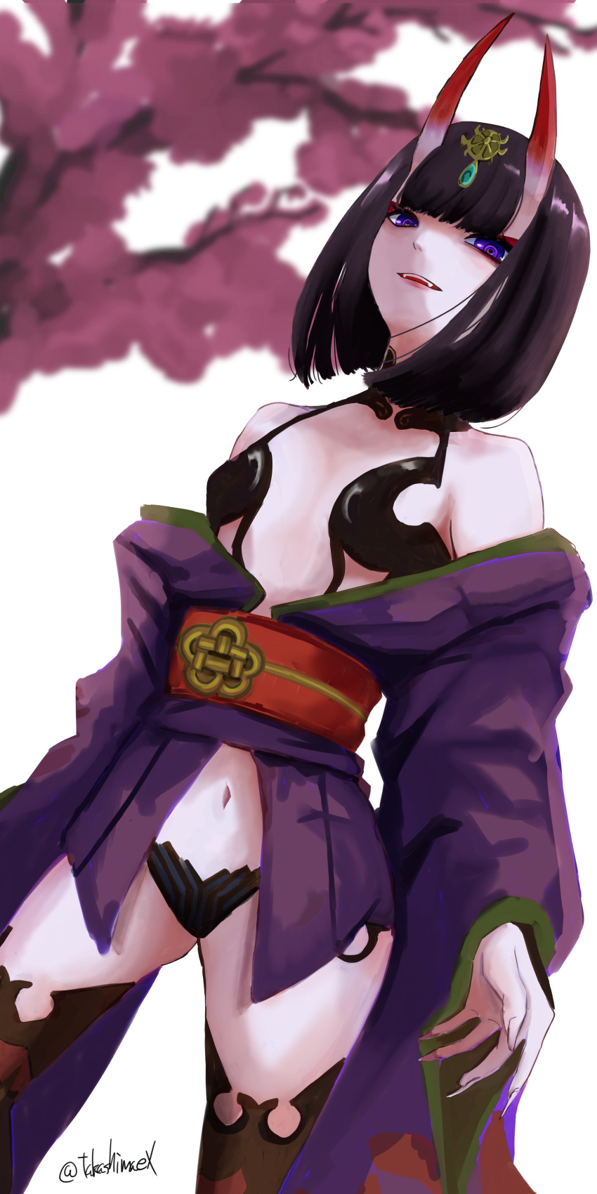 1girl absurdres bangs bare_shoulders blurry blurry_background blush bob_cut breasts cherry_blossoms eyeliner fangs fate/grand_order fate_(series) fingernails headpiece highres horns japanese_clothes kimono long_sleeves looking_at_viewer makeup navel obi oni oni_horns open_mouth purple_hair purple_kimono revealing_clothes sah sash sharp_fingernails short_hair shuten_douji_(fate/grand_order) skin-covered_horns small_breasts smile solo takashimaex thighs tree violet_eyes white_background wide_sleeves