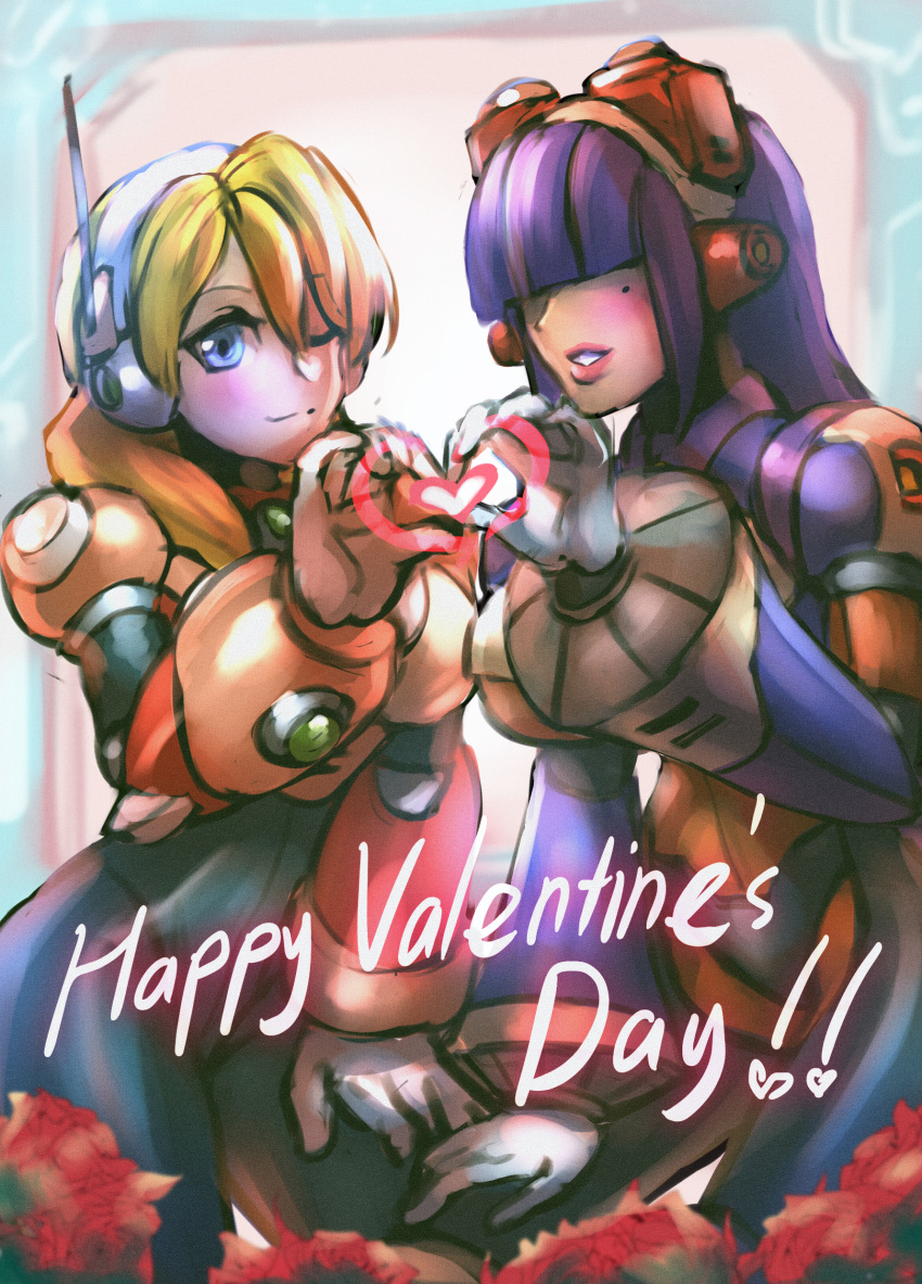 2girls absurdres alia_(rockman) android bangs blonde_hair blue_eyes blunt_bangs blush breasts dark_skin dgrp_(minhduc12333) hair_over_eyes happy_valentine headset heart heart_hands heart_hands_duo highres hime_cut large_breasts layer long_hair mole mole_under_eye multiple_girls one_eye_closed purple_hair robot_ears rockman rockman_x smile under_boob valentine
