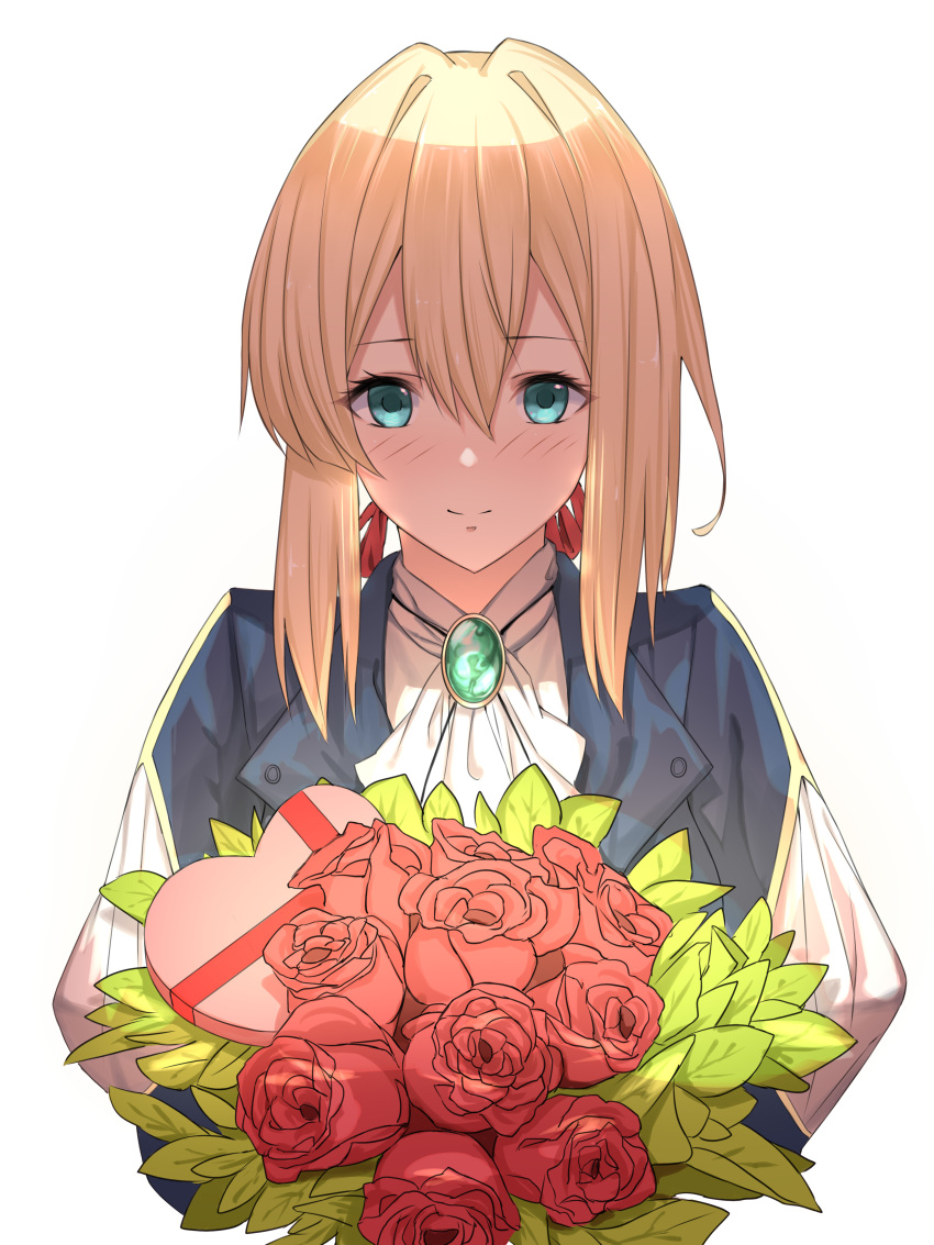 1girl absurdres bangs blonde_hair blue_eyes blue_jacket blush bouquet box brooch closed_mouth commentary_request eyebrows_visible_through_hair flower gift gift_box hair_between_eyes hair_ribbon heart-shaped_box highres jacket jewelry long_hair looking_at_viewer puffy_sleeves red_flower red_ribbon red_rose ribbon roi_(liu_tian) rose shirt sidelocks simple_background smile solo upper_body valentine violet_evergarden violet_evergarden_(character) white_background white_shirt