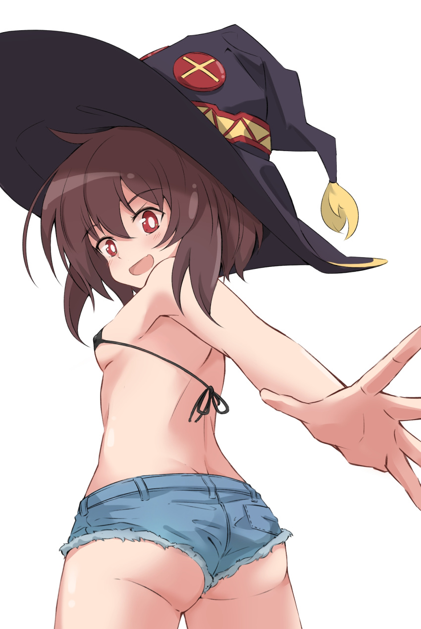 1girl alternate_costume ass bangs bare_arms bare_shoulders bikini bikini_top black_headwear blush breasts brown_hair commentary_request covered_nipples cutoffs denim denim_shorts eyebrows_visible_through_hair from_behind hat highres k-go kono_subarashii_sekai_ni_shukufuku_wo! medium_hair megumin micro_bikini micro_shorts outstretched_arm red_eyes shorts simple_background small_breasts solo swimsuit white_background witch_hat