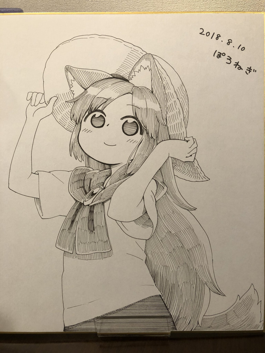 1girl animal_ears blush closed_mouth dated eyebrows_visible_through_hair gem greyscale hat highres imaizumi_kagerou long_hair looking_at_viewer marker_(medium) monochrome photo poronegi scarf shirt short_sleeves signature skirt smile solo sun_hat tail touhou traditional_media wolf_ears wolf_tail younger