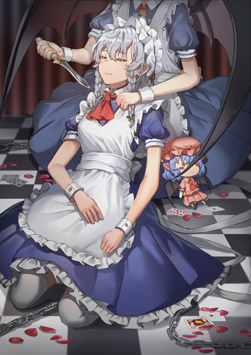 2girls apron artist_request ascot bangs bat_wings blue_dress braid breasts chain character_doll checkered checkered_floor closed_eyes commentary_request dress eyebrows_visible_through_hair frilled_apron frills hair_between_eyes head_out_of_frame highres holding holding_knife holding_weapon indoors izayoi_sakuya knife maid maid_apron maid_headdress medium_breasts multiple_girls petals petticoat puffy_short_sleeves puffy_sleeves red_neckwear remilia_scarlet reverse_grip rose_petals seiza short_hair short_sleeves silver_hair sitting third-party_source touhou twin_braids weapon white_apron white_legwear wings wrist_cuffs