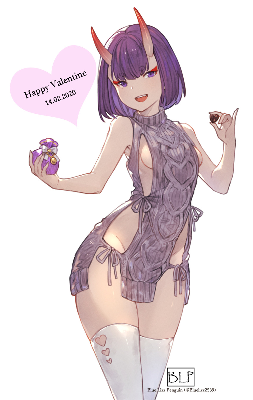 1girl absurdres bangs bare_shoulders blush bob_cut breasts chocolate chubit001 dated dress eyeliner fate/grand_order fate_(series) gift grey_sweater happy_valentine heart highres holding holding_gift looking_at_viewer makeup oni oni_horns open_mouth purple_hair short_eyebrows short_hair shuten_douji_(fate/grand_order) sideboob simple_background skin-covered_horns sleeveless sleeveless_turtleneck small_breasts smile solo sweater sweater_dress thigh-highs thighs turtleneck turtleneck_sweater valentine violet_eyes white_background white_legwear