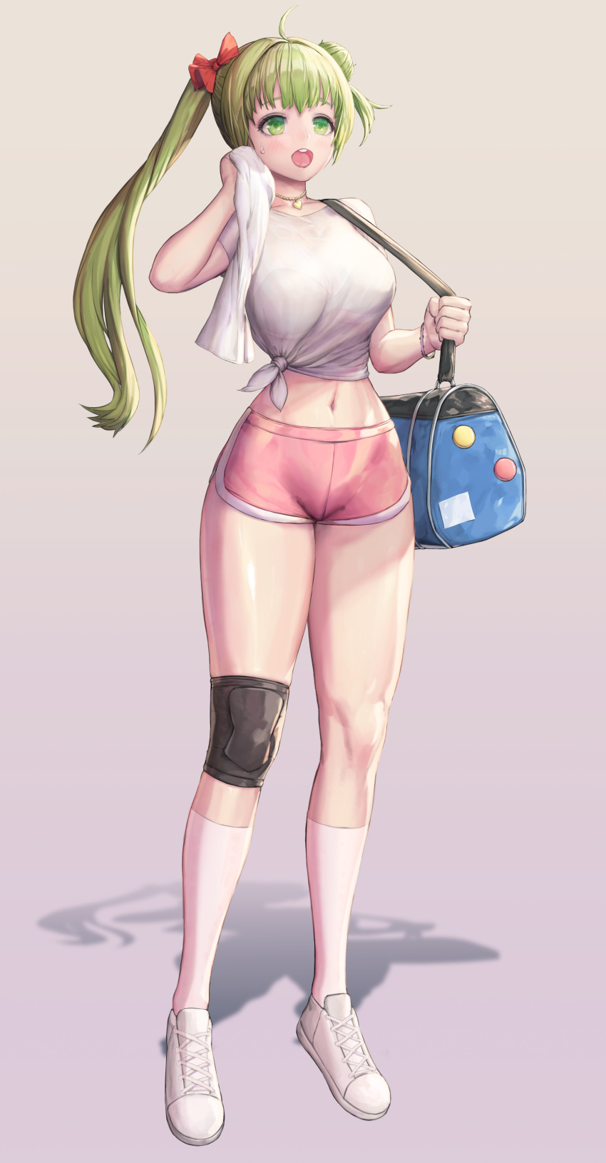 1girl absurdres breasts go-jang green_eyes green_hair gym_shorts hair_bun heart heart_necklace highres jewelry knee_pads kneehighs last_origin midriff navel necklace open_mouth p-29_lindwurm see-through shirt shoes short_shorts shorts smile sneakers solo tied_shirt