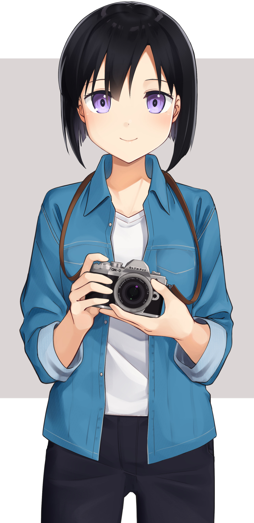 1girl absurdres apollo_(hu_maple) bangs black_hair black_pants blue_jacket blush camera casual closed_mouth commentary_request cowboy_shot grey_background highres holding holding_camera jacket long_sleeves looking_at_viewer open_clothes open_jacket original pants shirt short_hair smile solo unbuttoned violet_eyes white_shirt wing_collar