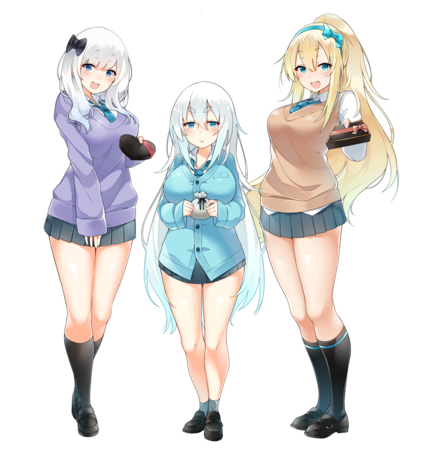 3girls :d absurdres akina_(matsunoki) bag bangs black_bow black_footwear black_legwear black_skirt blonde_hair blue_bow blue_eyes blue_hair blue_hairband blue_jacket blue_neckwear blush bow breasts brown_vest collared_shirt eyebrows_visible_through_hair full_body gradient_hair grey_legwear hair_between_eyes hair_bow hairband highres holding jacket large_breasts loafers long_hair long_sleeves looking_at_viewer matsunoki_(unknown_751) medium_hair multicolored_hair multiple_girls necktie open_mouth original parted_lips pleated_skirt ponytail purple_sweater school_uniform shirt shoes simple_background skirt smile socks standing sweater thick_eyebrows valentine very_long_hair vest white_background white_hair white_shirt wing_collar