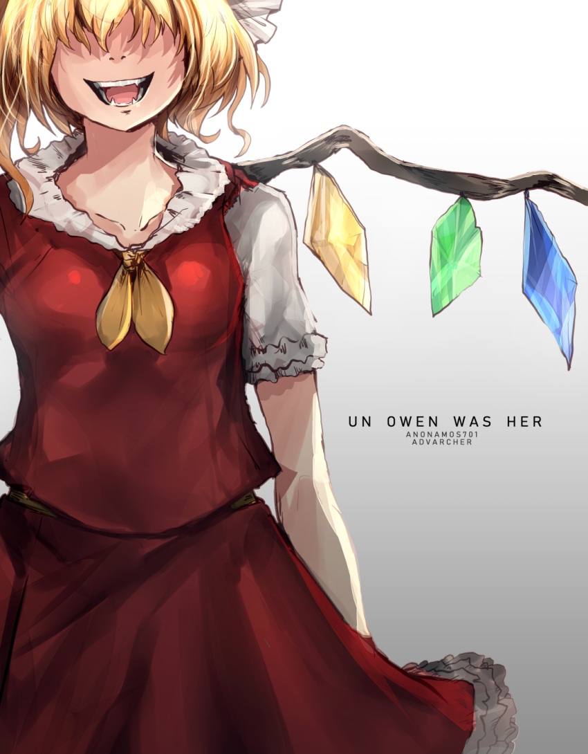 1girl anonamos arm_behind_back blonde_hair cowboy_shot dress english_text fangs flandre_scarlet grey_background hair_over_eyes highres open_mouth red_dress solo teeth tongue touhou