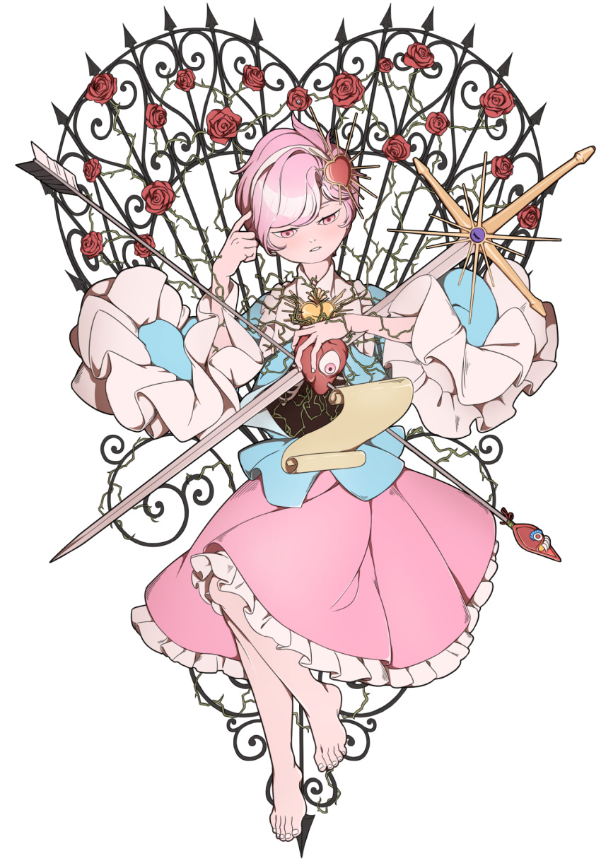 1girl arrow barefoot blouse blue_blouse commentary fence finger_to_head flower frilled_skirt frills full_body hair_ornament hairband head_tilt heart heart_hair_ornament highres holding holding_weapon impaled komeiji_satori long_sleeves looking_down mefomefo one_eye_closed open_clothes open_shirt pink_eyes pink_hair pink_skirt plant rose scroll short_hair simple_background skirt solo spikes sword third_eye touhou valentine vines weapon white_background wide_sleeves