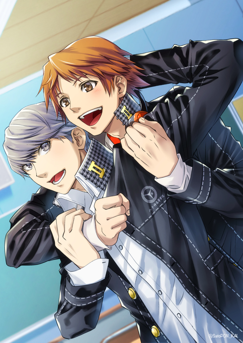 2boys :d black_jacket blurry blurry_background blush brown_eyes brown_hair classroom collared_shirt dress_shirt dutch_angle grey_eyes hanamura_yousuke hand_in_another's_hair headphones headphones_around_neck highres indoors jacket long_sleeves multiple_boys narukami_yuu open_clothes open_jacket open_mouth persona persona_4 sato-pon shirt silver_hair smile upper_body white_shirt wing_collar wrist_grab