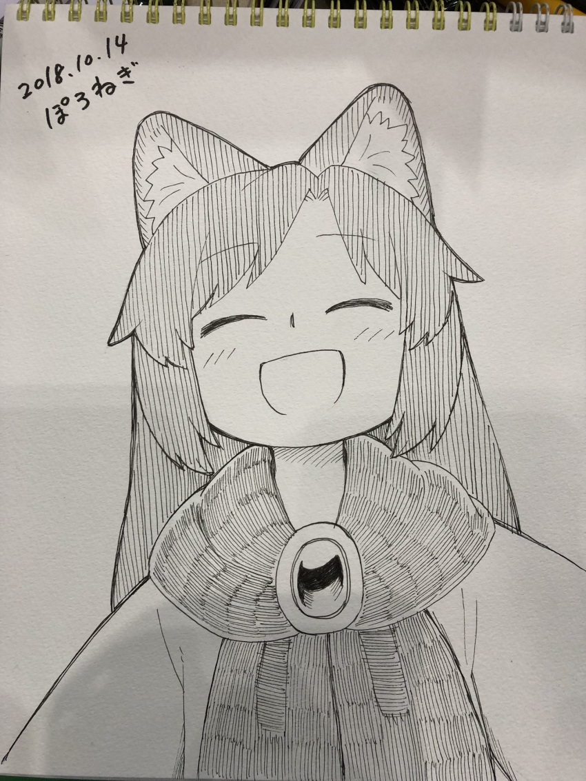 1girl :d animal_ear_fluff animal_ears dated dress eyebrows_visible_through_hair facing_viewer greyscale head_tilt highres imaizumi_kagerou marker_(medium) monochrome open_mouth photo poronegi scarf signature smile solo touhou traditional_media wolf_ears younger