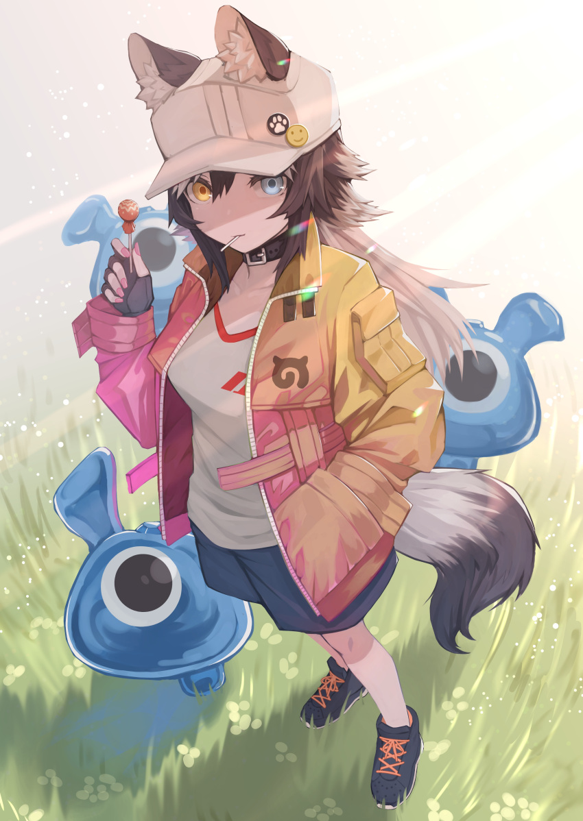 1girl absurdres alternate_costume animal_ears black_hair blue_eyes breasts candy cerulean_(kemono_friends) collar collarbone ears_through_headwear food food_in_mouth full_body grey_wolf_(kemono_friends) hand_in_pocket hat heterochromia highres kemono_friends lollipop looking_at_viewer multicolored_hair outdoors pocket solo_focus st.takuma standing tail two-tone_hair white_hair wolf_ears wolf_girl wolf_tail yellow_eyes