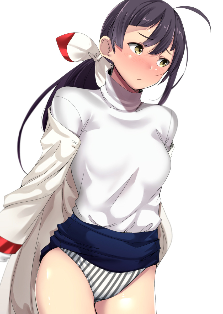 alternate_costume black_hair blouse blush chirashi_(so) collared_shirt commentary_request fujinami_(kantai_collection) highres kantai_collection long_hair looking_to_the_side panties shirt striped striped_panties underwear white_background white_blouse yellow_eyes