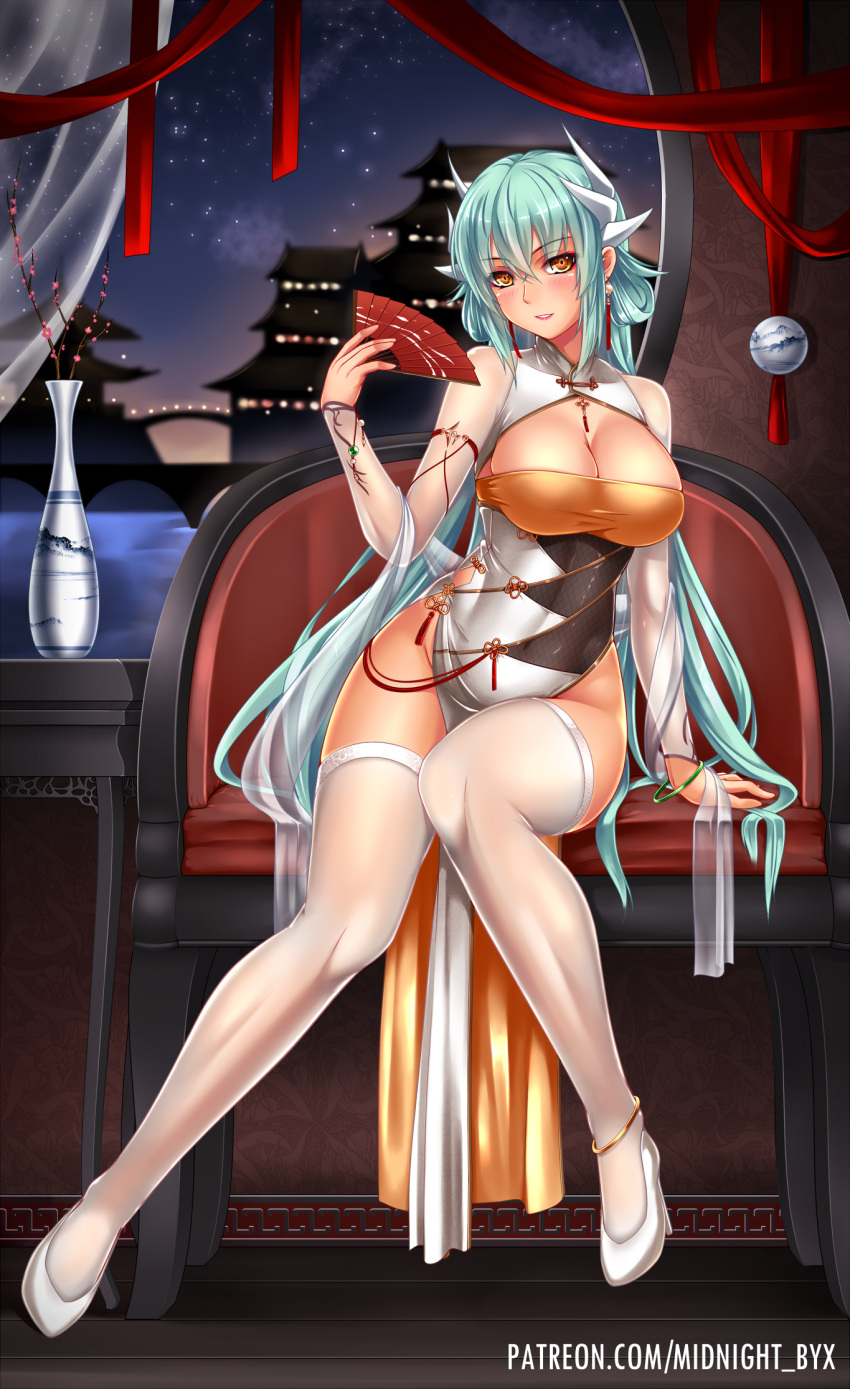 chair china_dress chinese_clothes dress evening fan fate/grand_order fate_(series) full_body green_hair happy_new_year highres holding holding_fan horn kiyohime_(fate/grand_order) legs long_hair midnight_(banyex) new_year no_panties table thigh-highs very_long_hair white_dress white_legwear yellow_eyes