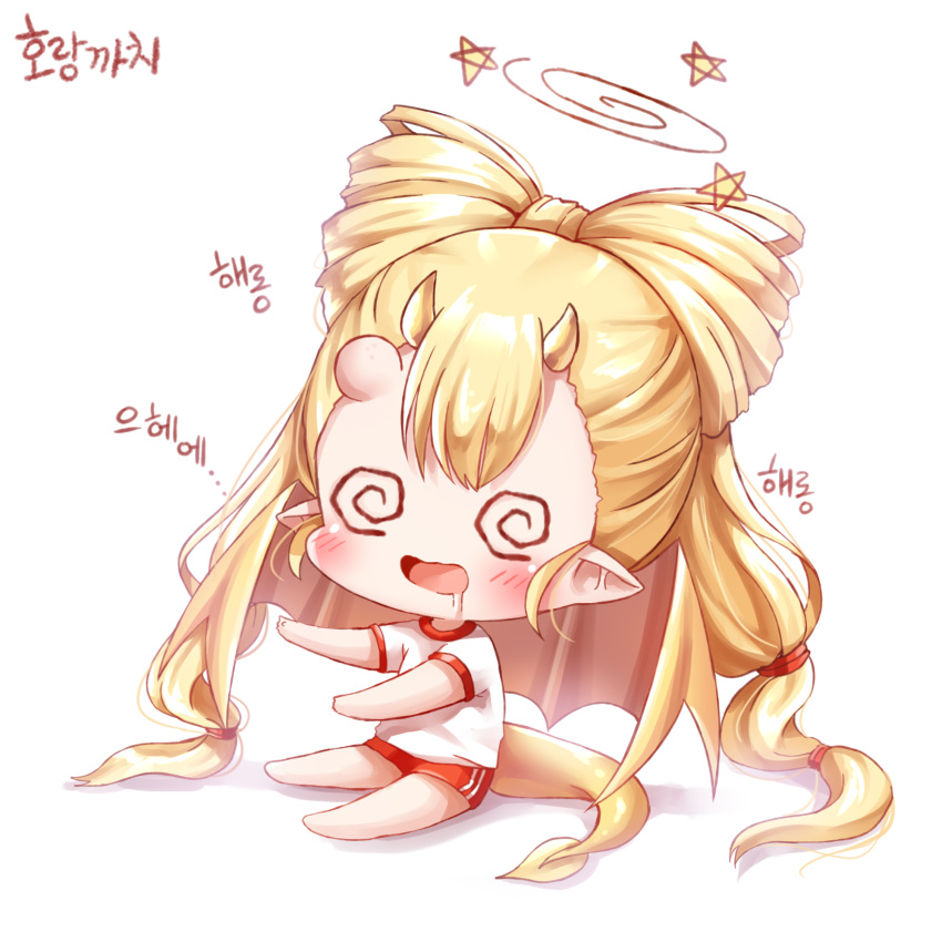 1girl @_@ blonde_hair blush buruma chibi drooling gym_uniform head_bump highres honyang horns korean_text open_mouth original pointy_ears red_buruma simple_background sitting solo star translation_request twintails white_background yellow_horns