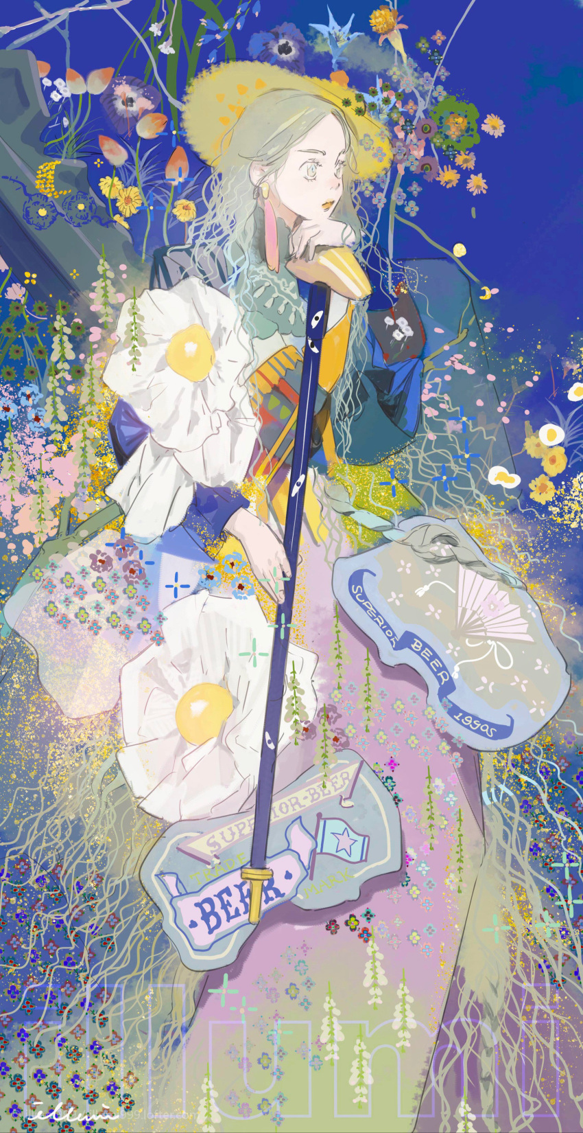 1girl absurdres artist_name blue_background blue_hair cane earrings flag flower green_flower grey_eyes grey_hair hat highres illumi999 jewelry long_hair long_sleeves looking_to_the_side multicolored_flower original sign signature solo very_long_hair watermark web_address white_flower yellow_flower