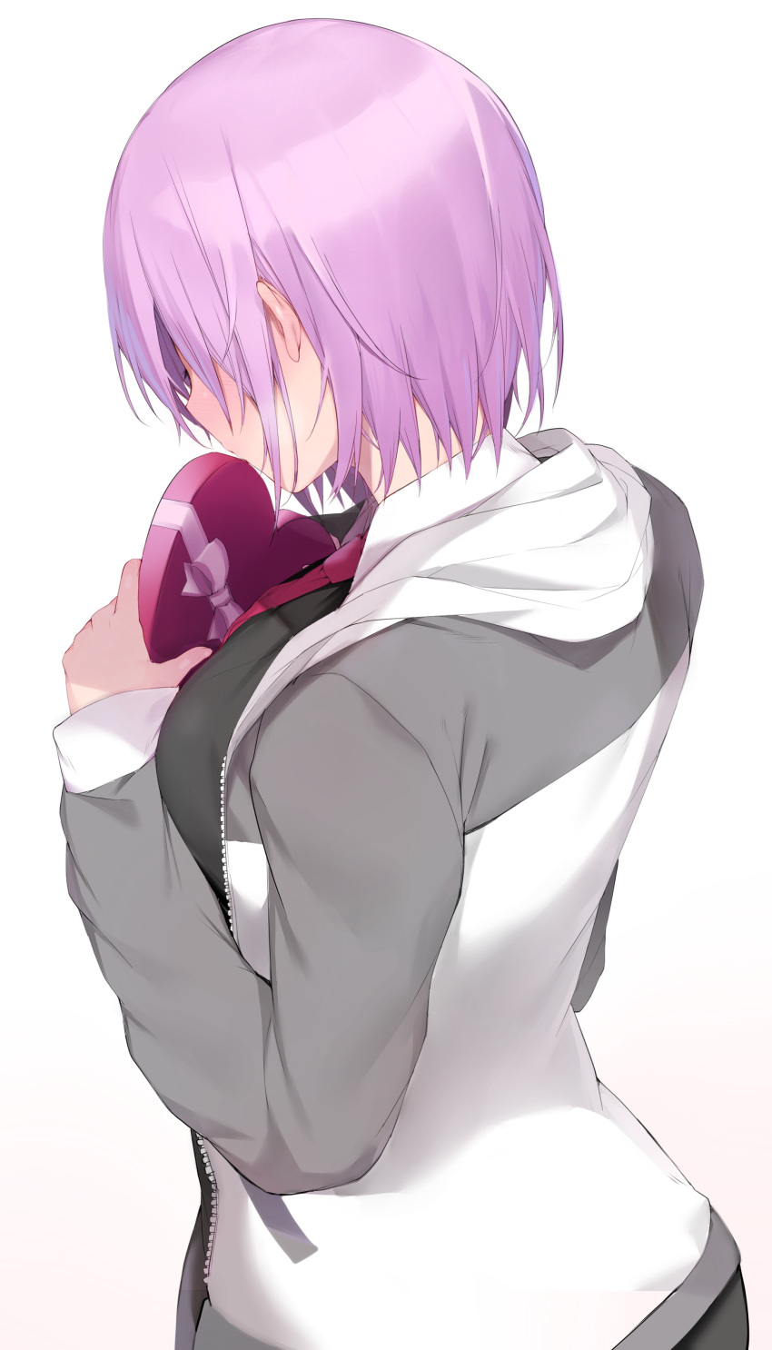 1girl absurdres black_dress blue_gk blush box breasts dress fanbox_reward fate/grand_order fate_(series) gift gift_box grey_jacket heart-shaped_box highres holding holding_gift jacket large_breasts lavender_hair long_sleeves mash_kyrielight paid_reward short_hair simple_background solo valentine white_background