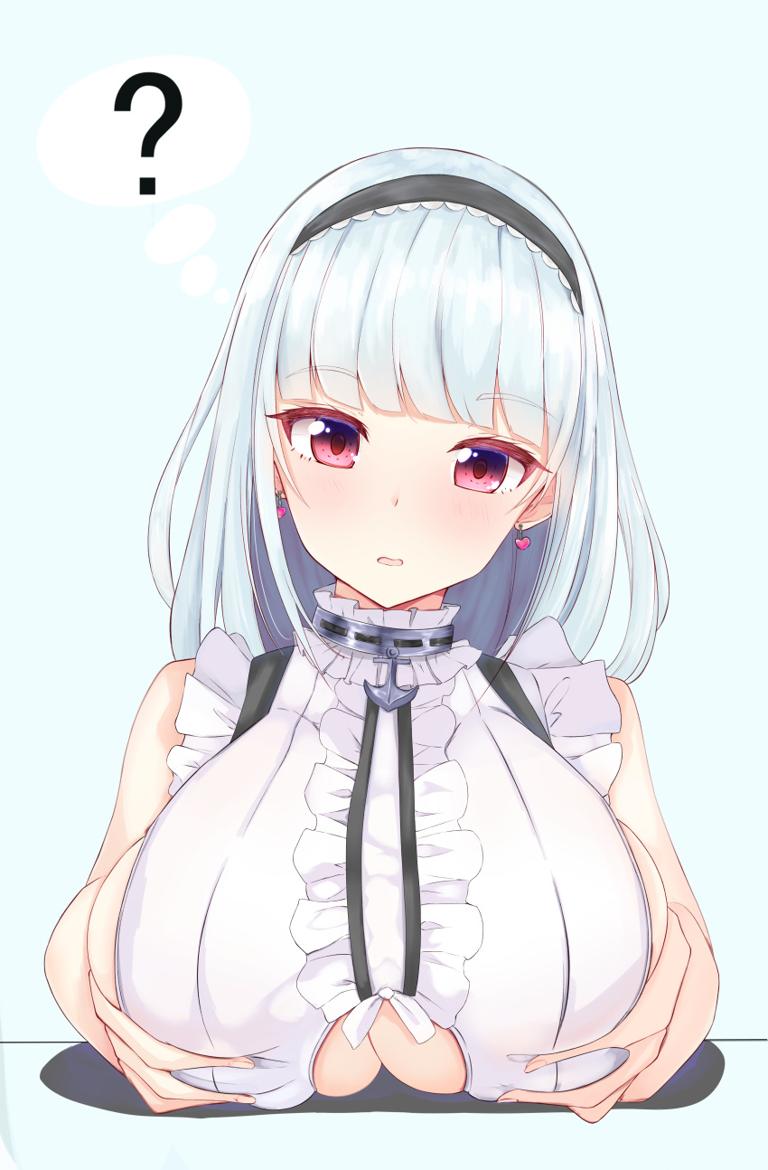 1girl absurdres anchor_choker anchor_necklace apron armpits azur_lane black_hairband blush breast_hold breasts center_frills choker dido_(azur_lane) earrings frilled_apron frilled_choker frills hairband heart heart_earrings highres jewelry large_breasts open_mouth