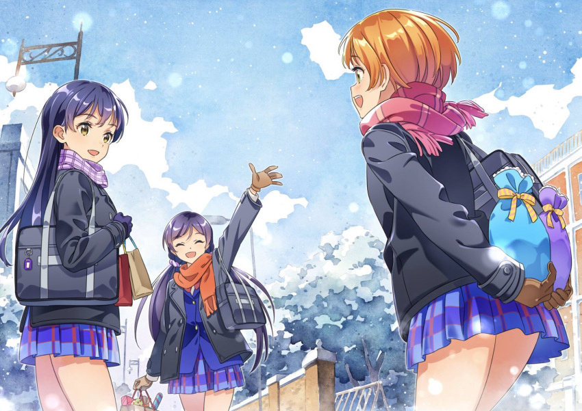 3girls bangs blazer blue_hair bow bowtie coat commentary_request cowboy_shot gift gloves hair_between_eyes highres holding holding_gift hoshizora_rin jacket katou_akatsuki lily_white_(love_live!) long_hair long_sleeves looking_at_another love_live! love_live!_school_idol_project low_twintails multiple_girls open_mouth orange_hair otonokizaka_school_uniform outdoors pleated_skirt purple_hair scarf school_uniform short_hair skirt smile sonoda_umi toujou_nozomi twintails valentine waving yellow_eyes