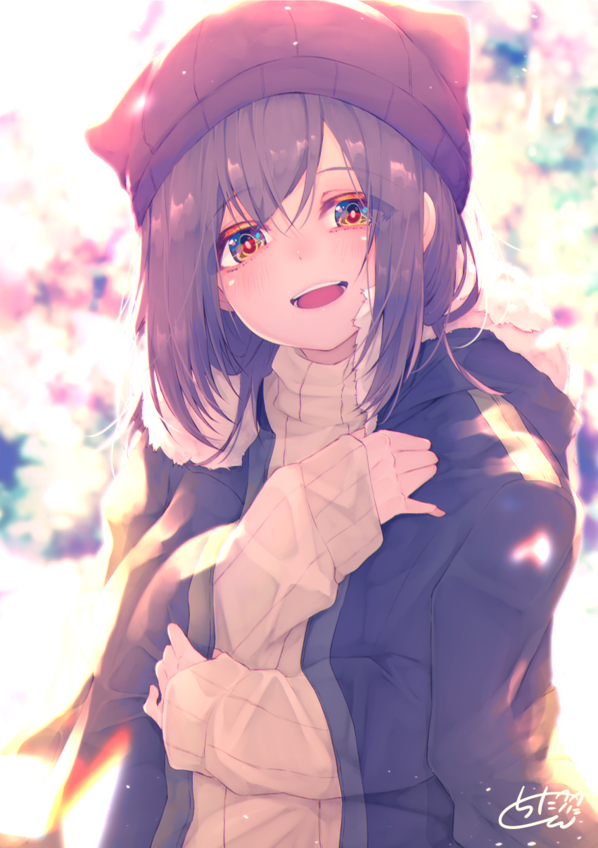 1girl :d animal_ears animal_hat backlighting bangs beanie black_hair black_jacket blurry blurry_background blush brown_eyes brown_headwear chita_(ketchup) commentary_request depth_of_field eyebrows_visible_through_hair fake_animal_ears fur-trimmed_jacket fur_trim hair_between_eyes hat highres hood hood_down hooded_jacket jacket jacket_on_shoulders long_hair long_sleeves looking_at_viewer open_clothes open_jacket open_mouth original ribbed_sweater signature sleeves_past_wrists smile solo sweater upper_body upper_teeth white_sweater