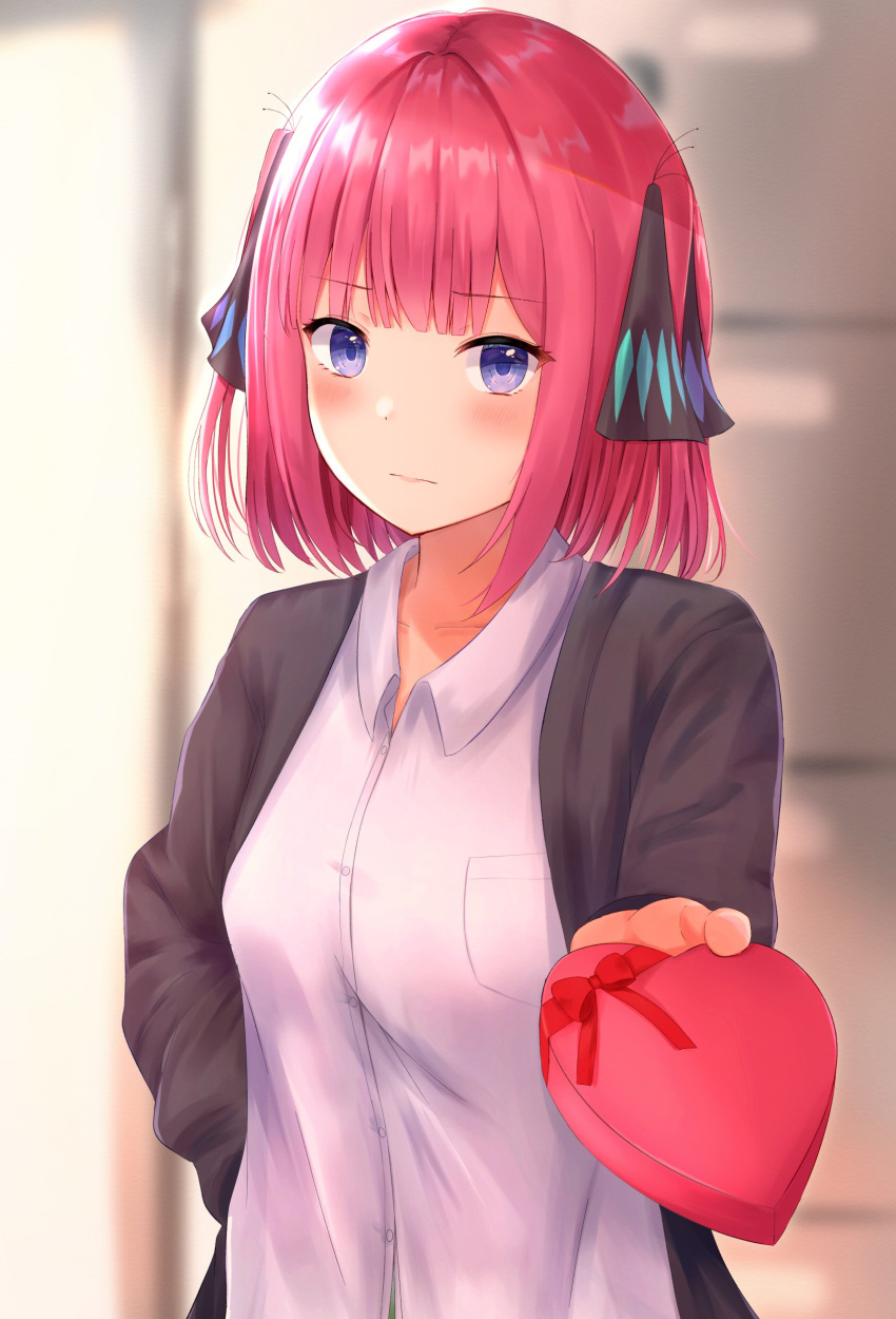 1girl absurdres arm_behind_back bangs black_cardigan black_ribbon blue_eyes blunt_bangs blurry blurry_background blush box breast_pocket breasts butterfly_hair_ornament cardigan closed_mouth collarbone collared_shirt commentary_request eyebrows_visible_through_hair gift go-toubun_no_hanayome green_skirt hair_ornament hair_ribbon heart-shaped_box highres holding holding_gift incoming_gift large_breasts long_sleeves looking_at_viewer nakano_nino open_cardigan open_clothes pink_hair pocket ribbon school_uniform shirt short_hair sidelocks skirt solo two_side_up umineco_1 upper_body valentine white_shirt
